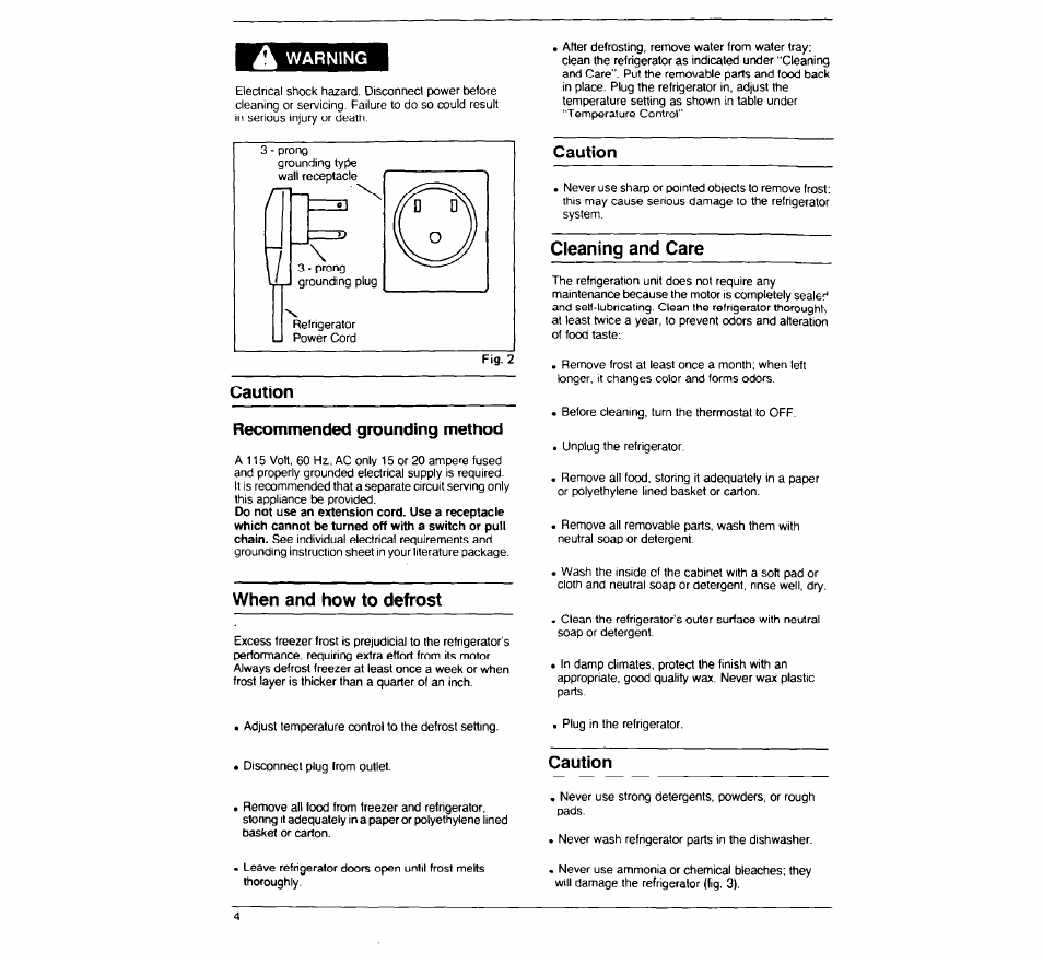 Warning, Caution recommended grounding method, When and how to defrost | Caution, Cleaning and care | Whirlpool Coolerator EM02ACRWW0 User Manual | Page 4 / 7