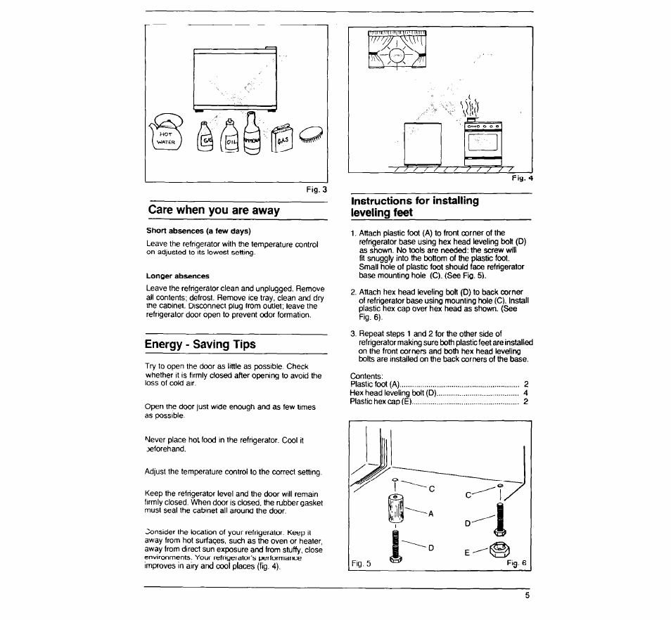 Care when you are away, Energy - saving tips, Instructions for installing leveling feet | Whirlpool Coolerator EM02ACRWW0 User Manual | Page 5 / 7