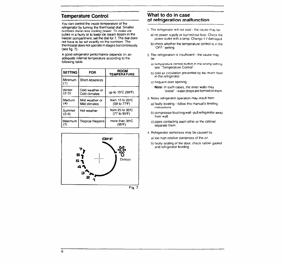 Temperature control, What to do in case of refrigeration malfunction | Whirlpool Coolerator EM02ACRWW0 User Manual | Page 6 / 7