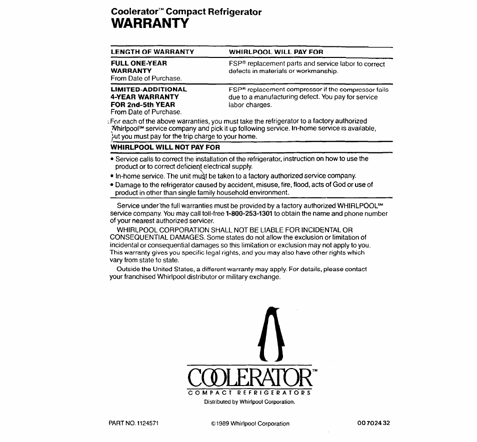 Coolerator™ compact refrigerator, Warranty, Cgdleraidr | Whirlpool Coolerator EM02ACRWW0 User Manual | Page 7 / 7