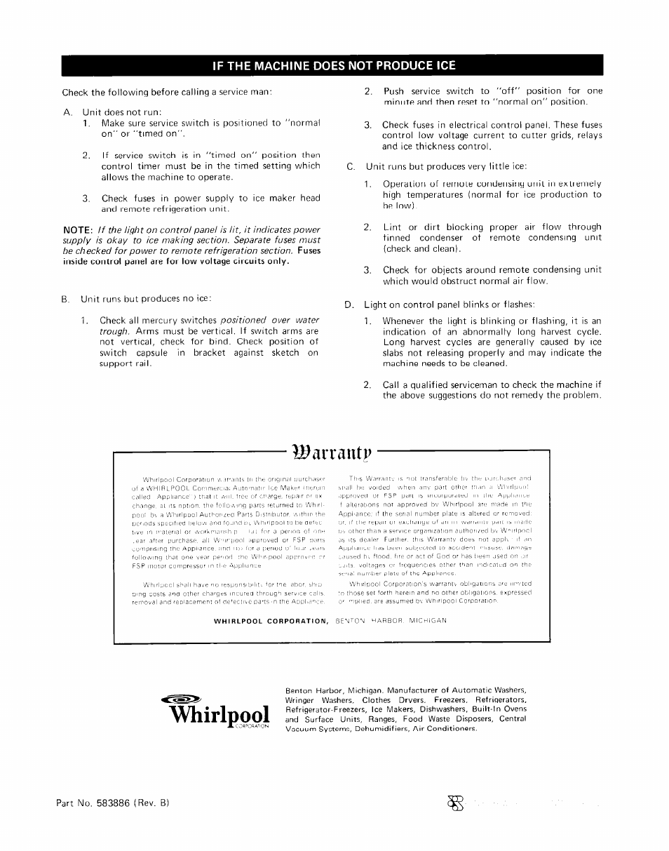 If the machine does not produce ice, Lo^arrantp | Whirlpool CHS-12RC User Manual | Page 6 / 6