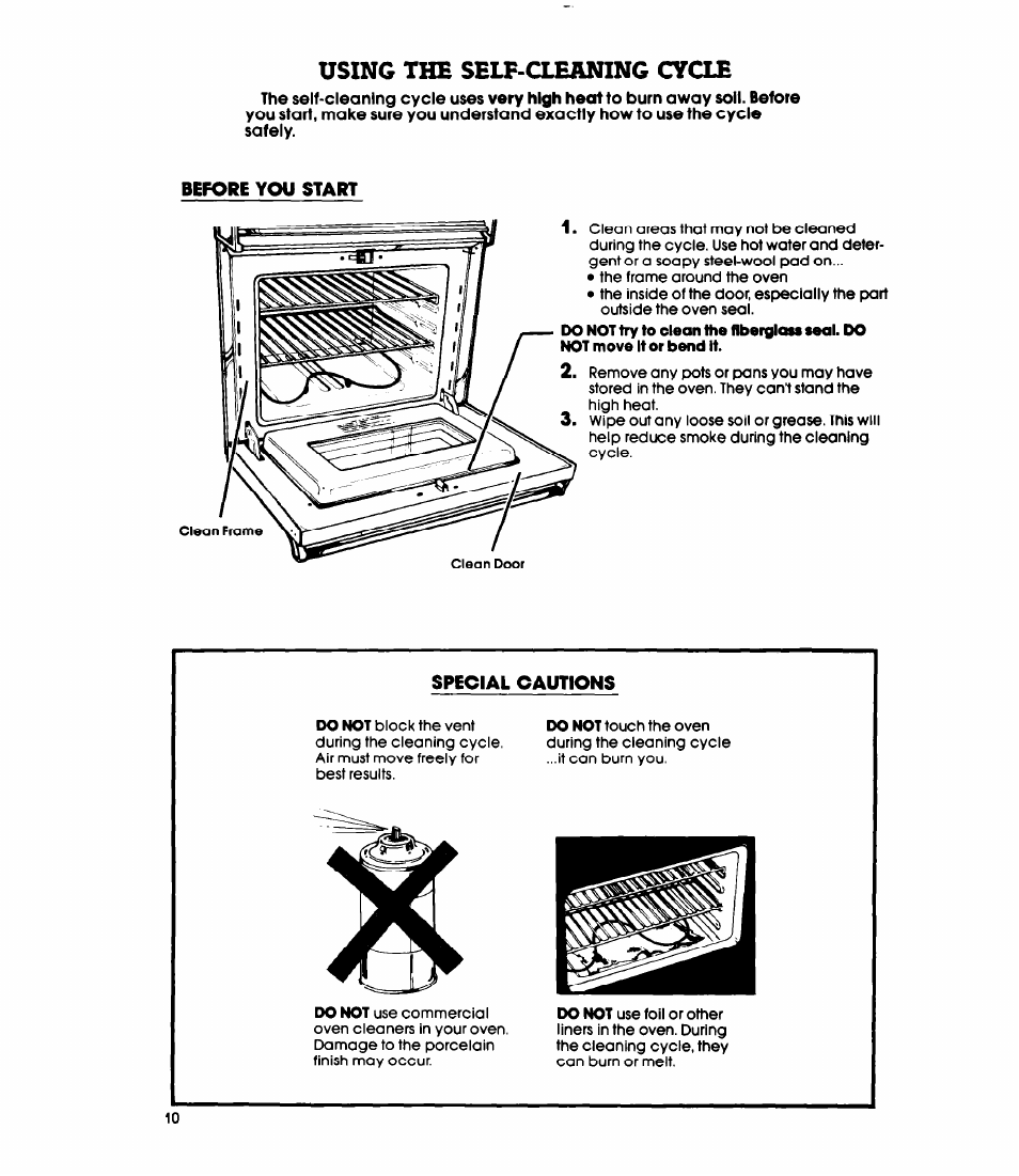 Before you start, Special cautions, Using the self-cleaning cycle | Whirlpool RB16OPXL User Manual | Page 10 / 16