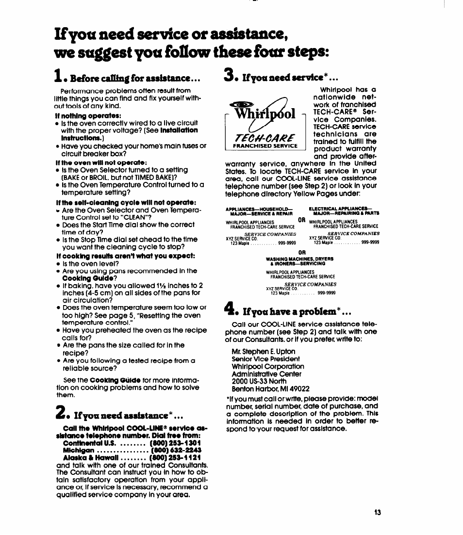Before calling for assistance, If yoa need assistance, If yon need service | If yon have a problem, If you need assistance, If you need service, If you have a problem, Ww^p2)l | Whirlpool RB16OPXL User Manual | Page 13 / 16