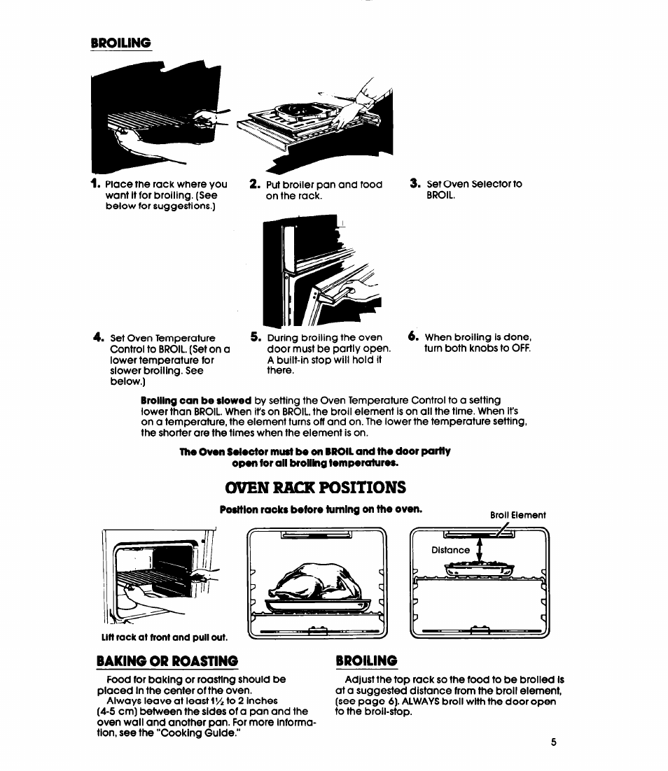 Oven rack positions, Broiling, Baking or roasting | Whirlpool RB16OPXL User Manual | Page 5 / 16
