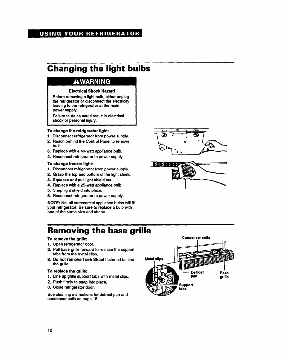 Changing the light bulbs, Removing the base grille, Warning | Whirlpool ET25PK User Manual | Page 12 / 20