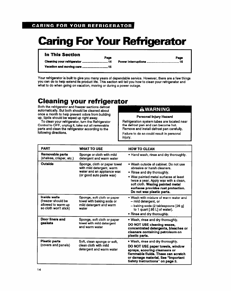 Caring for your refrigerator, Cleaning your refrigerator, Warning | Whirlpool ET25PK User Manual | Page 14 / 20