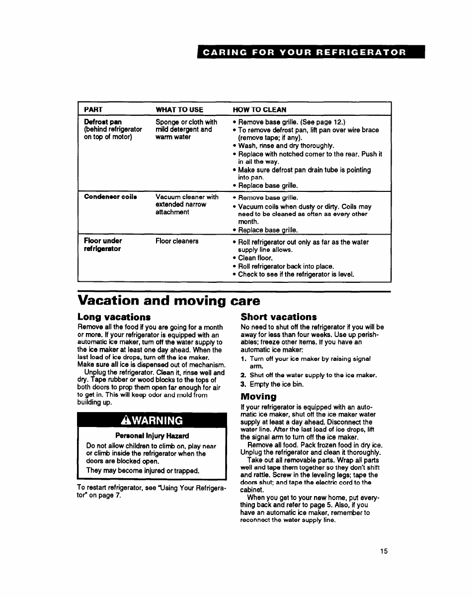 Vacation and moving care, Long vacations, Short vacations | Moving, Warning | Whirlpool ET25PK User Manual | Page 15 / 20