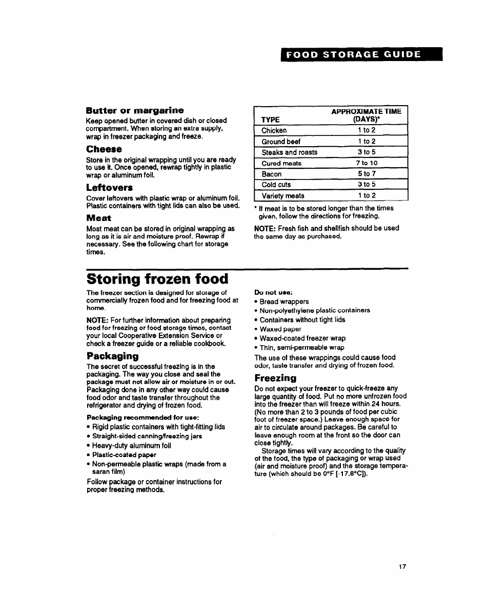 Food storage guide, Butter or margarine, Cheese | Leftovers, Meat, Storing frozen food, Packaging, Freezing | Whirlpool ET25PK User Manual | Page 17 / 20