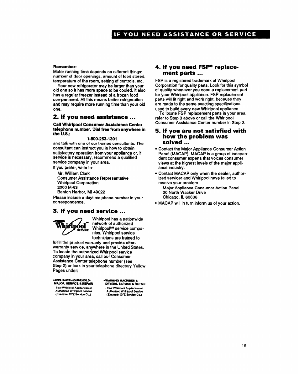 If you need assistance, If you need service, If you need fsp* replace­ ment parts | Whirlpool ET25PK User Manual | Page 19 / 20