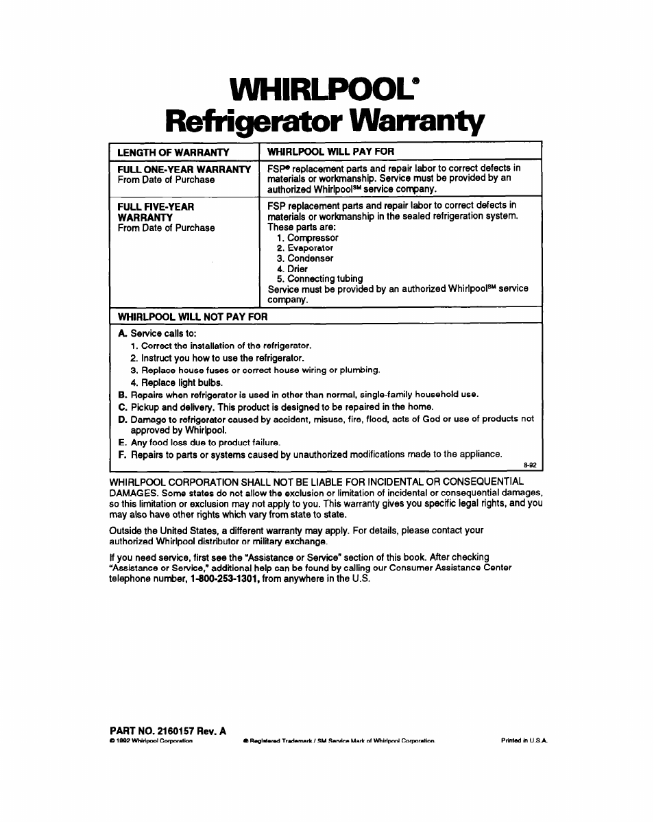 Whirlpool* refrigerator warranty | Whirlpool ET25PK User Manual | Page 20 / 20