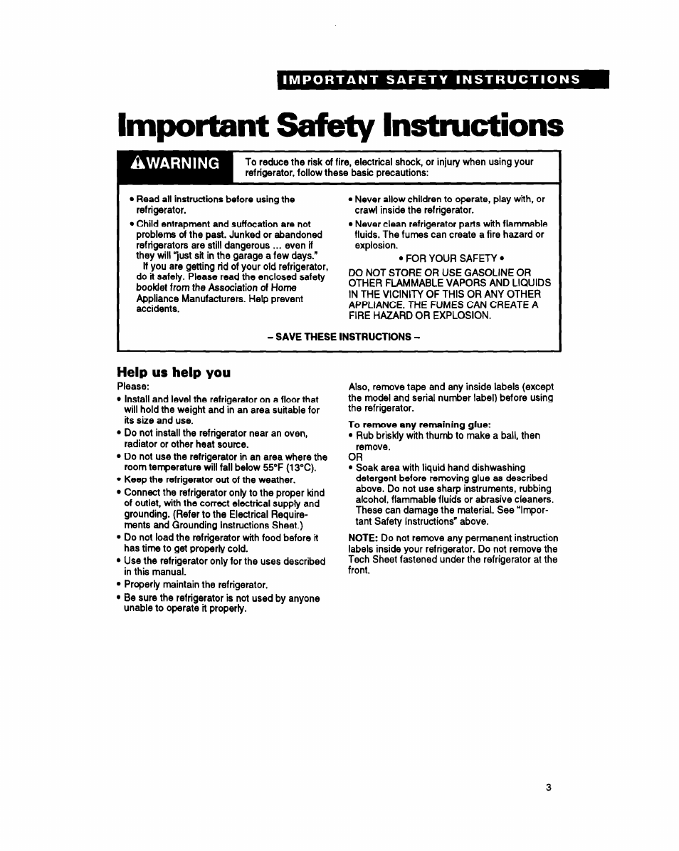 Important safety instructions, Help us help you, Warning | Whirlpool ET25PK User Manual | Page 3 / 20