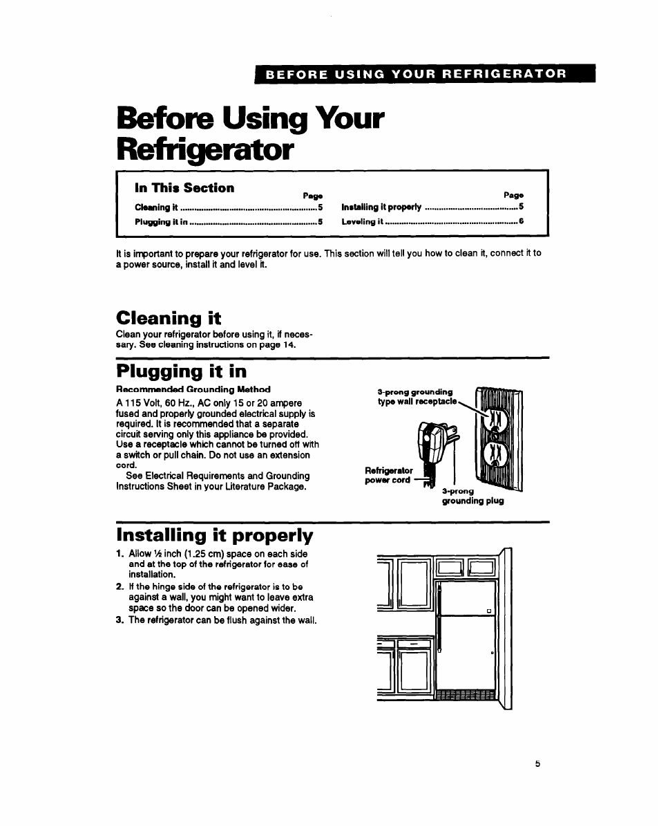 Before using your refrigerator, Cleaning it, Plugging it in | Installing it properly | Whirlpool ET25PK User Manual | Page 5 / 20