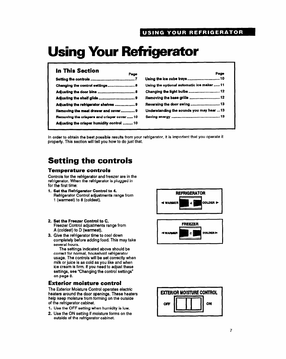Using your refrigerator, Setting the controls, Temperature controls | Exterior moisture control | Whirlpool ET25PK User Manual | Page 7 / 20