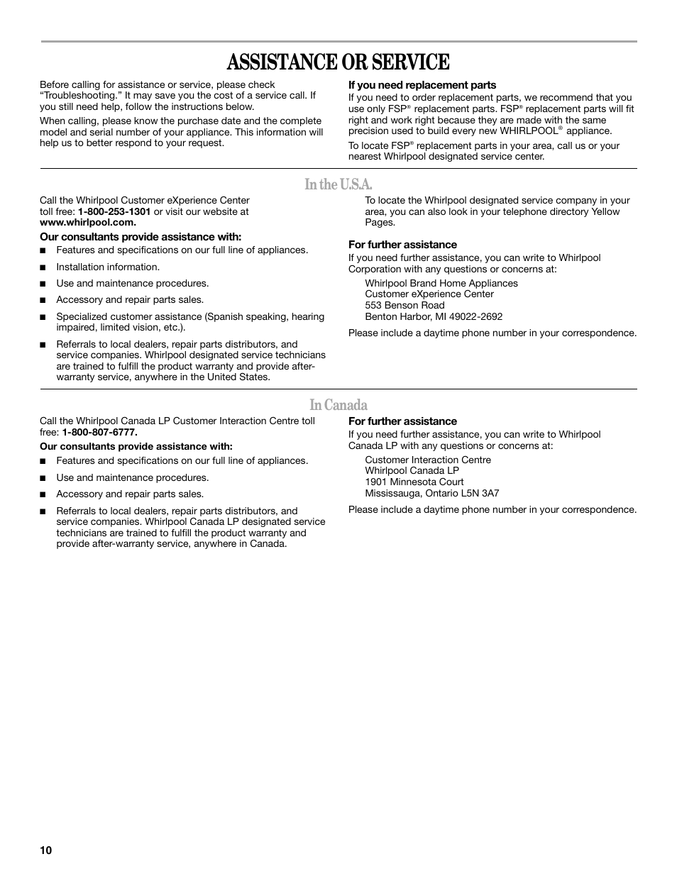 Assistance or service | Whirlpool AD35DSS1 User Manual | Page 10 / 20