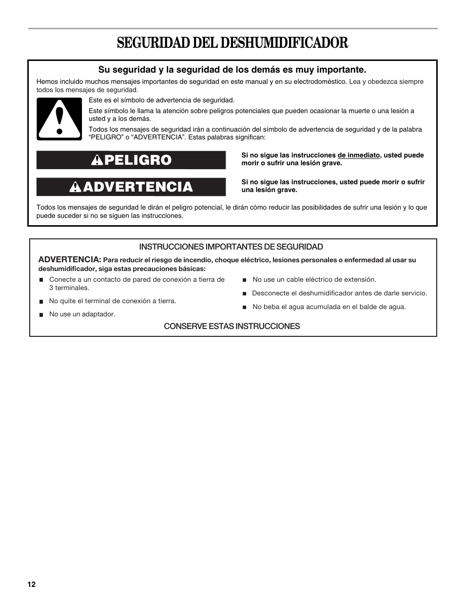 Seguridad del deshumidificador, Advertencia peligro | Whirlpool AD35DSS1 User Manual | Page 12 / 20