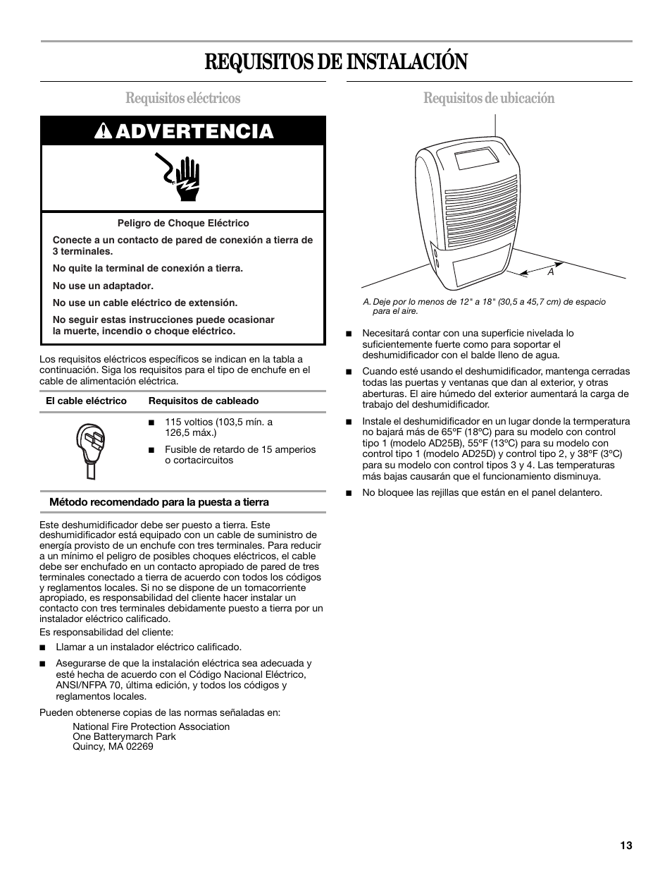 Requisitos de instalación, Advertencia, Requisitos eléctricos | Requisitos de ubicación | Whirlpool AD35DSS1 User Manual | Page 13 / 20