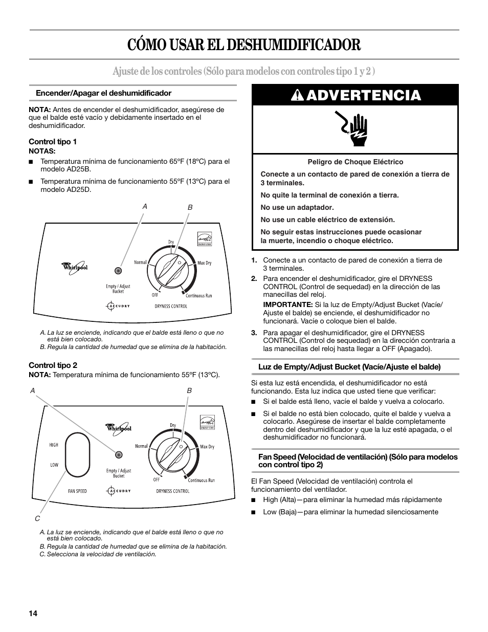 Cómo usar el deshumidificador, Advertencia | Whirlpool AD35DSS1 User Manual | Page 14 / 20