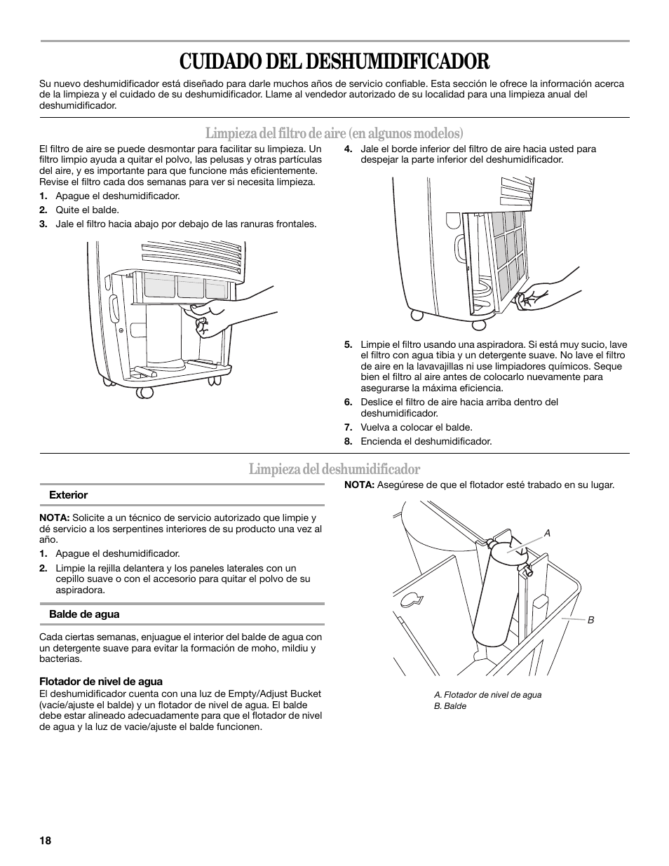 Cuidado del deshumidificador, Limpieza del filtro de aire (en algunos modelos), Limpieza del deshumidificador | Whirlpool AD35DSS1 User Manual | Page 18 / 20