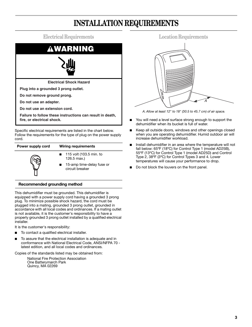 Installation requirements, Warning, Electrical requirements | Location requirements | Whirlpool AD35DSS1 User Manual | Page 3 / 20