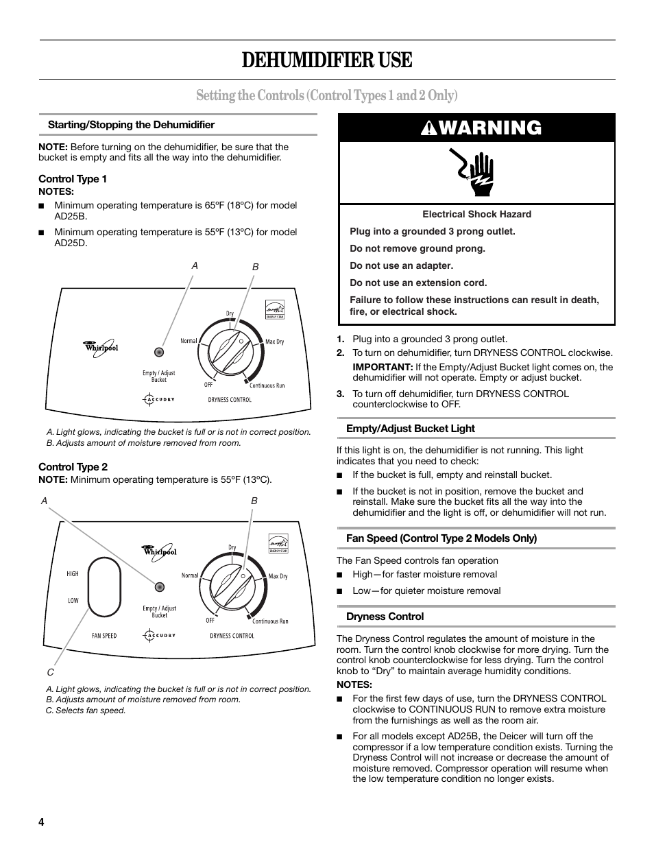 Dehumidifier use, Warning, Setting the controls (control types 1 and 2 only) | Whirlpool AD35DSS1 User Manual | Page 4 / 20