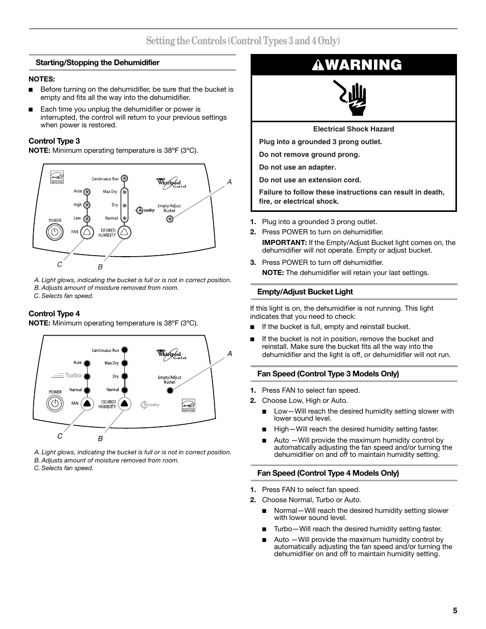 Warning, Setting the controls (control types 3 and 4 only) | Whirlpool AD35DSS1 User Manual | Page 5 / 20