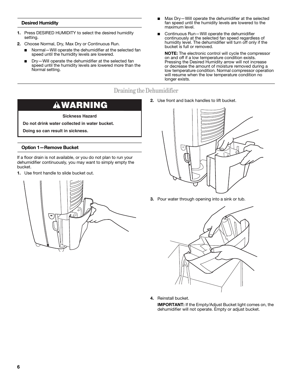 Warning, Draining the dehumidifier | Whirlpool AD35DSS1 User Manual | Page 6 / 20