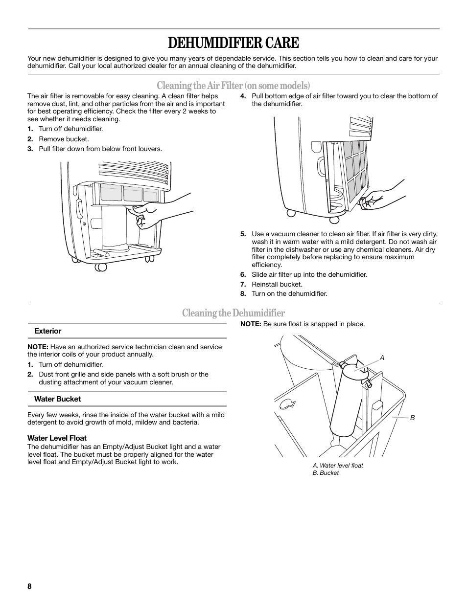 Dehumidifier care, Cleaning the air filter (on some models), Cleaning the dehumidifier | Whirlpool AD35DSS1 User Manual | Page 8 / 20