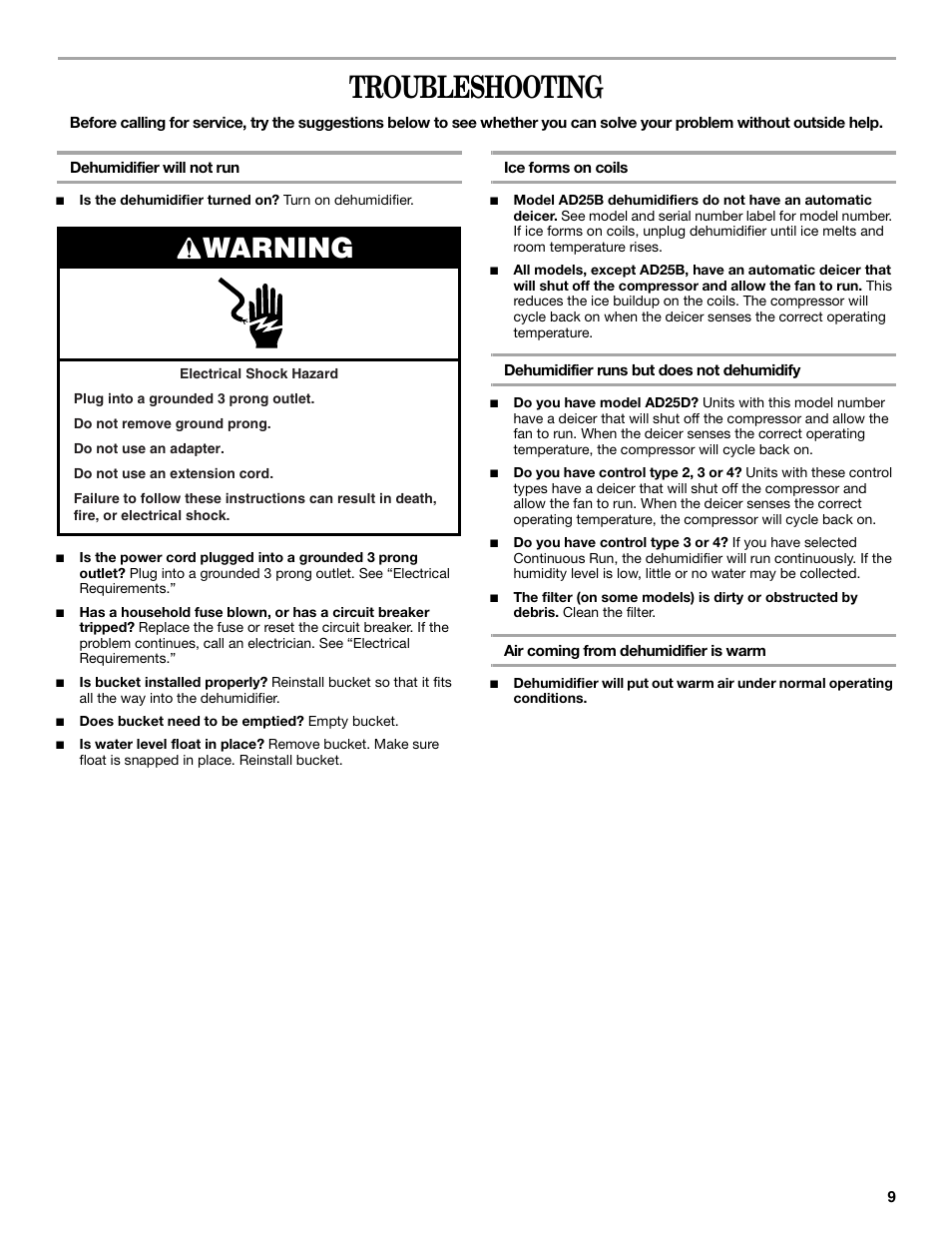 Troubleshooting, Warning | Whirlpool AD35DSS1 User Manual | Page 9 / 20