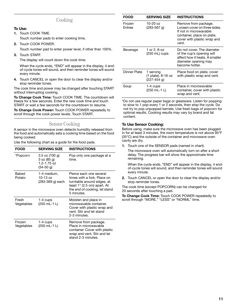 Cooking, Sensor cooking | Whirlpool GH4155XP User Manual | Page 11 / 20