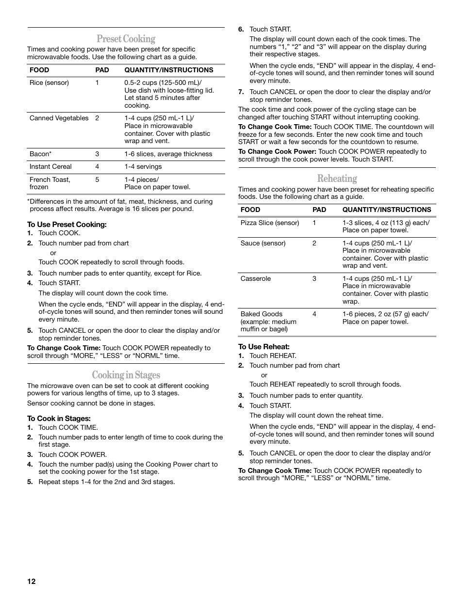 Preset cooking, Cooking in stages, Reheating | Whirlpool GH4155XP User Manual | Page 12 / 20