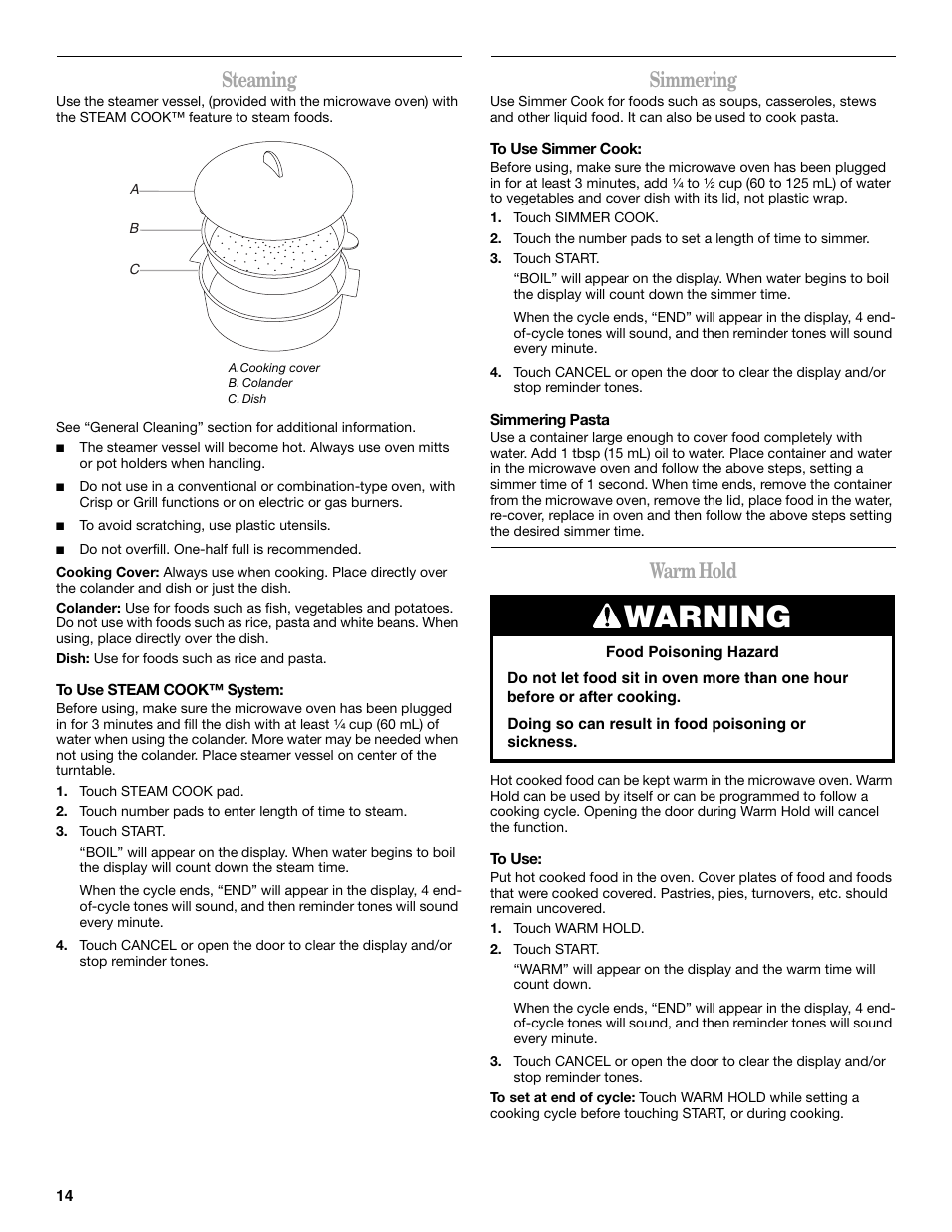 Warning, Steaming, Simmering | Warm hold | Whirlpool GH4155XP User Manual | Page 14 / 20