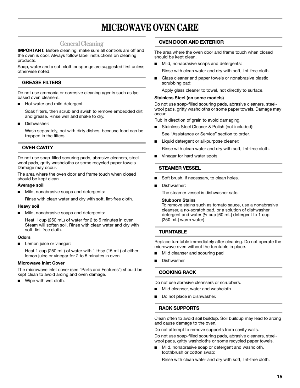Microwave oven care, General cleaning | Whirlpool GH4155XP User Manual | Page 15 / 20