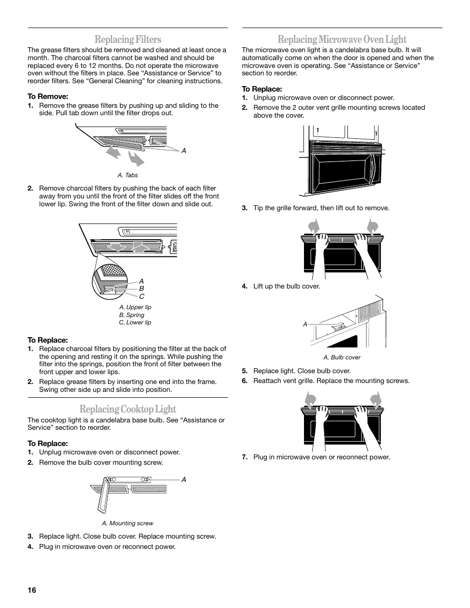Replacing filters, Replacing cooktop light, Replacing microwave oven light | Whirlpool GH4155XP User Manual | Page 16 / 20