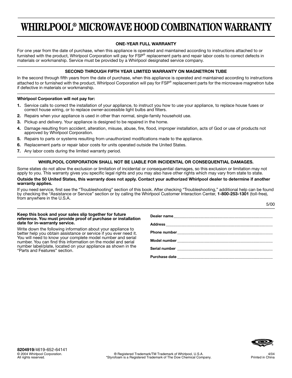 Whirlpool, Microwave hood combination warranty | Whirlpool GH4155XP User Manual | Page 20 / 20