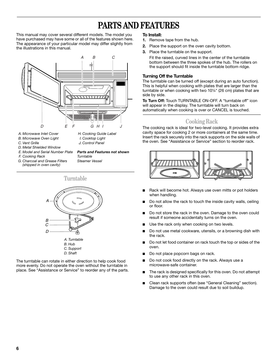 Parts and features, Turntable, Cooking rack | Whirlpool GH4155XP User Manual | Page 6 / 20