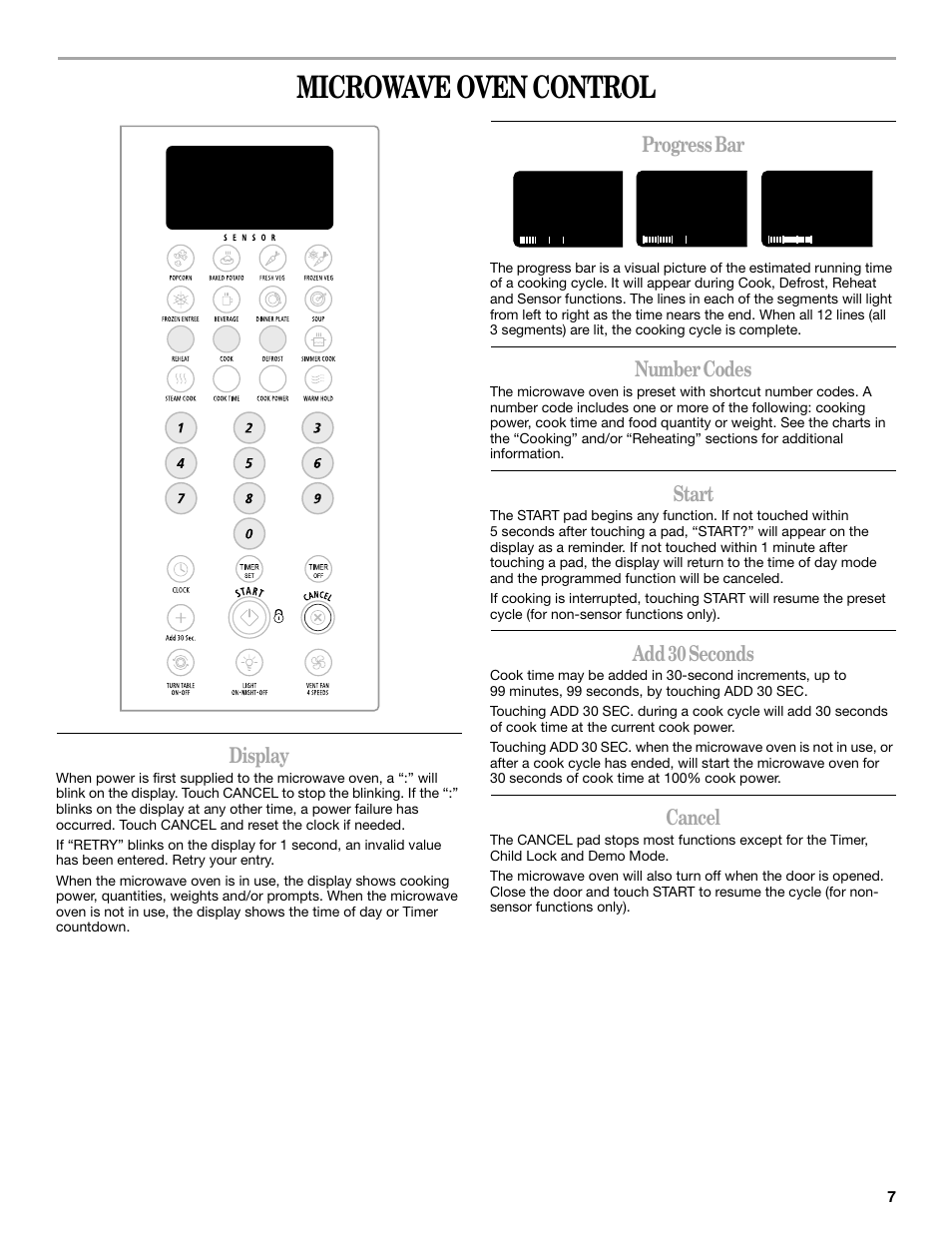 Microwave oven control, Display, Progress bar | Number codes, Start, Add 30 seconds, Cancel | Whirlpool GH4155XP User Manual | Page 7 / 20