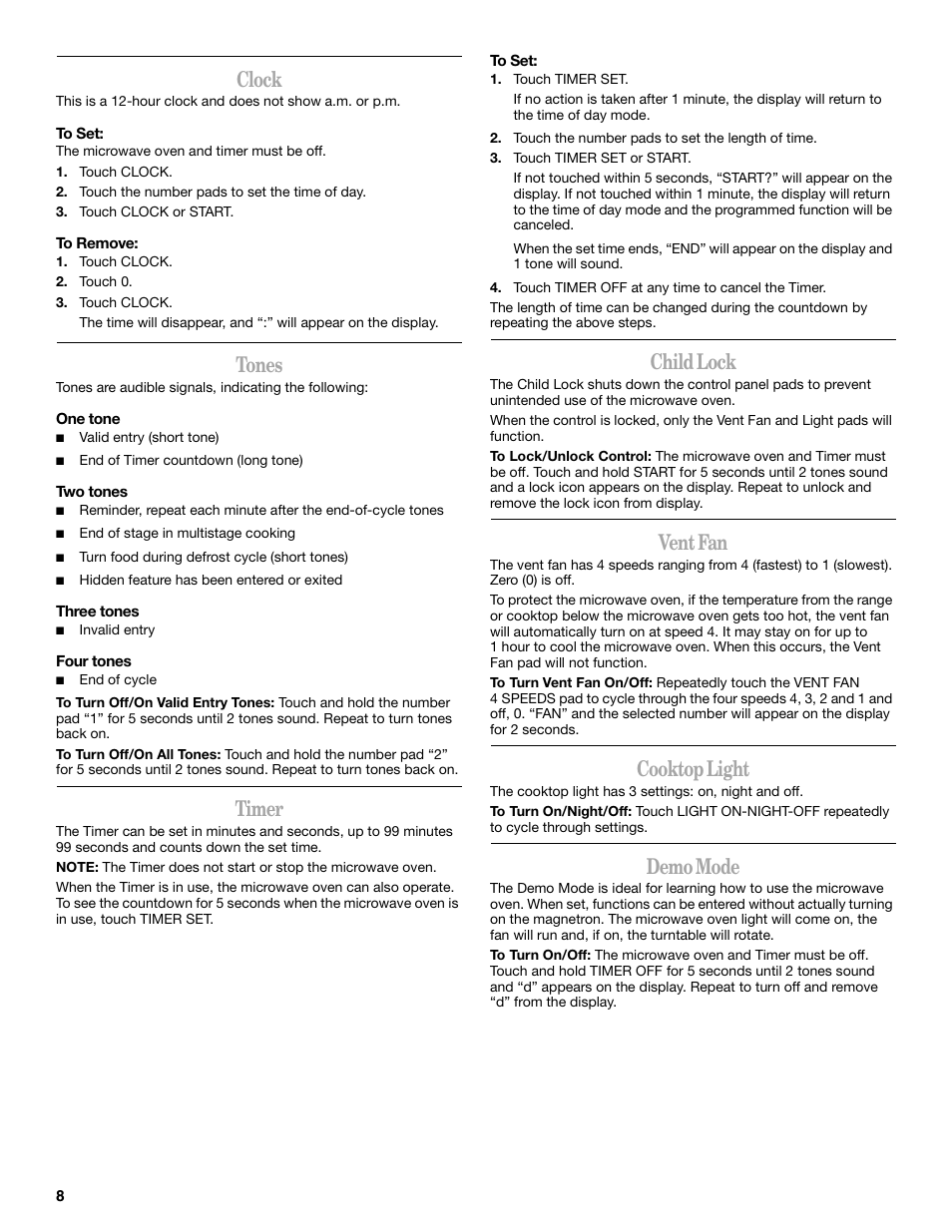 Clock, Tones, Timer | Child lock, Vent fan, Cooktop light, Demo mode | Whirlpool GH4155XP User Manual | Page 8 / 20