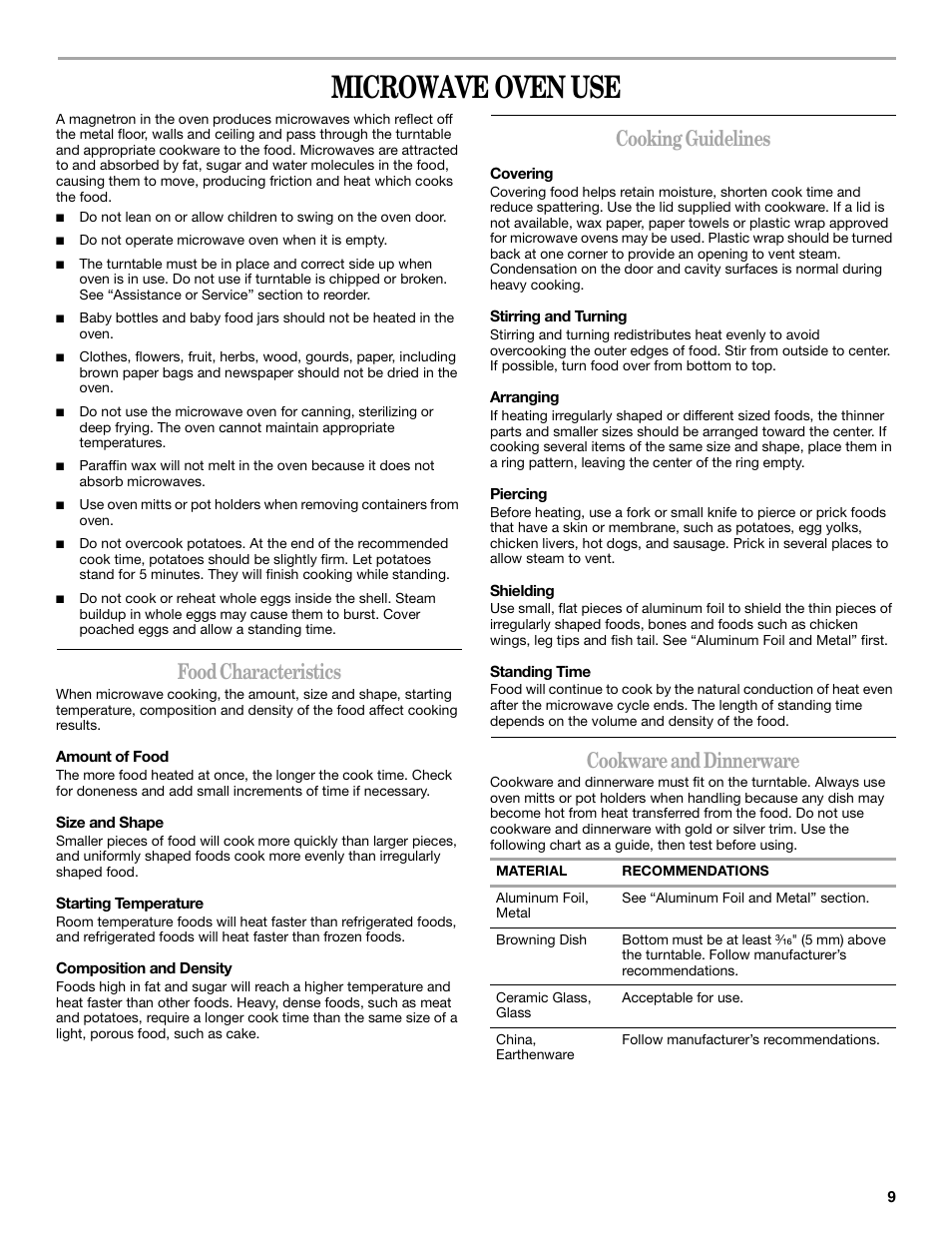Microwave oven use, Food characteristics, Cooking guidelines | Cookware and dinnerware | Whirlpool GH4155XP User Manual | Page 9 / 20