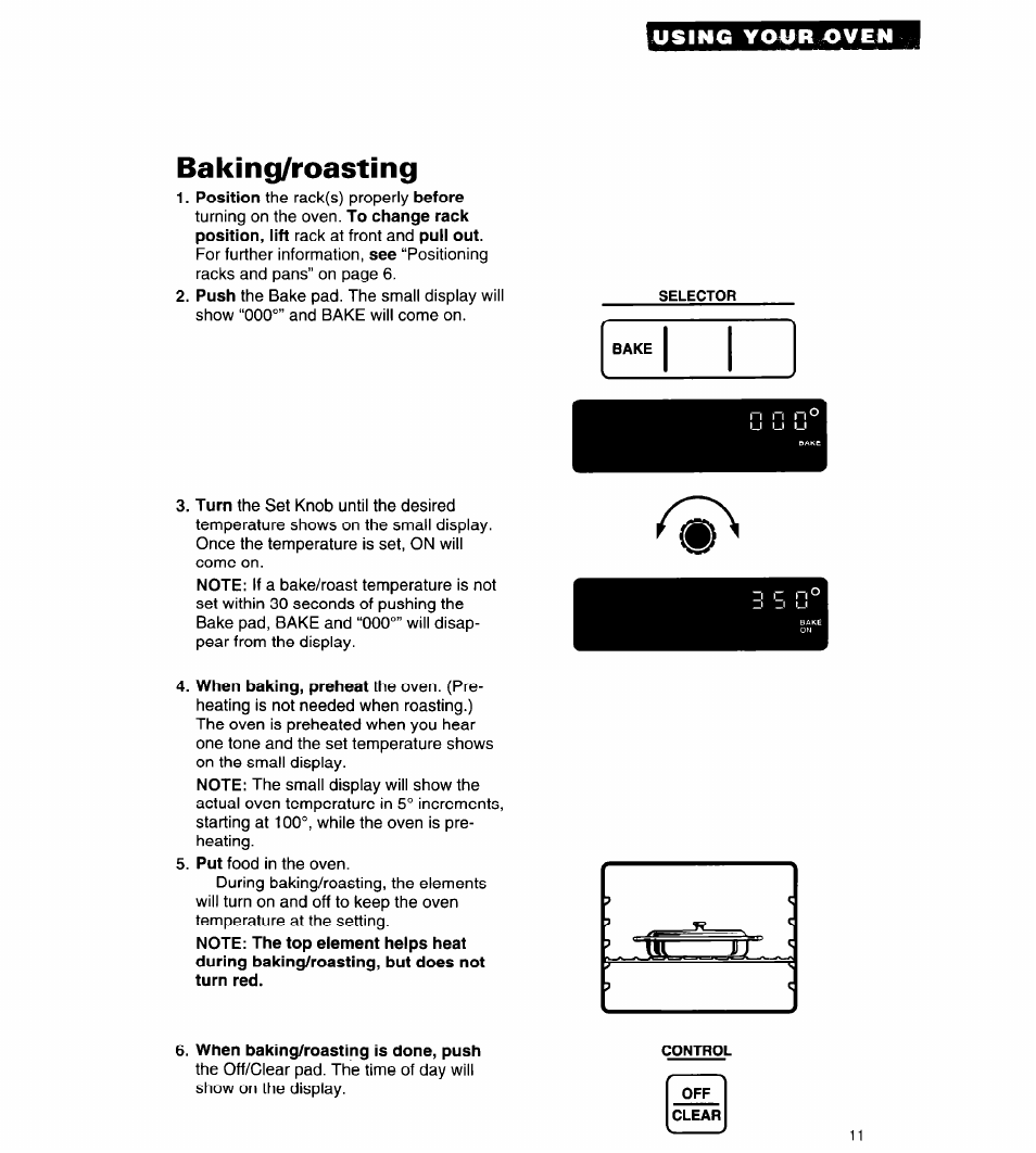 Baking/roasting, When baking/roasting is done, push, Using your oven | Whirlpool RB262PXA User Manual | Page 11 / 28