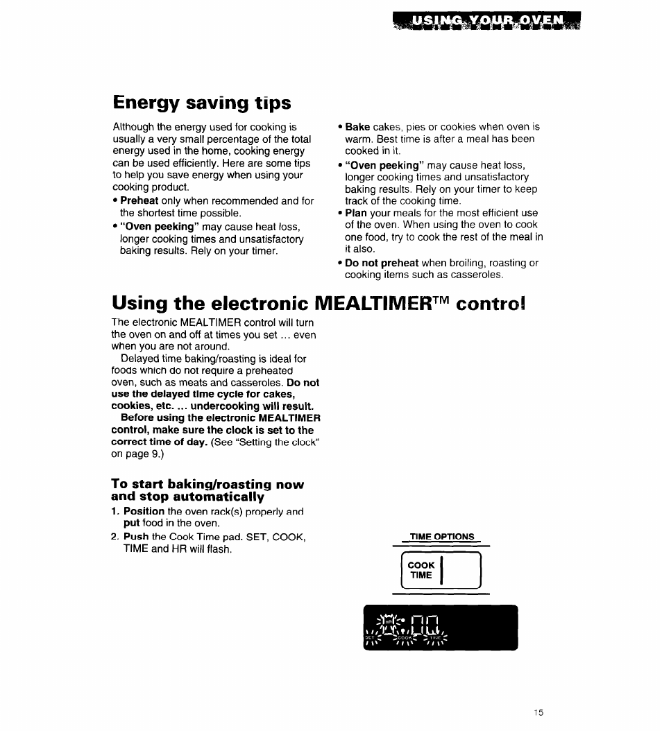 Energy saving tips, Using the electronic mealtimer^'^ control | Whirlpool RB262PXA User Manual | Page 15 / 28