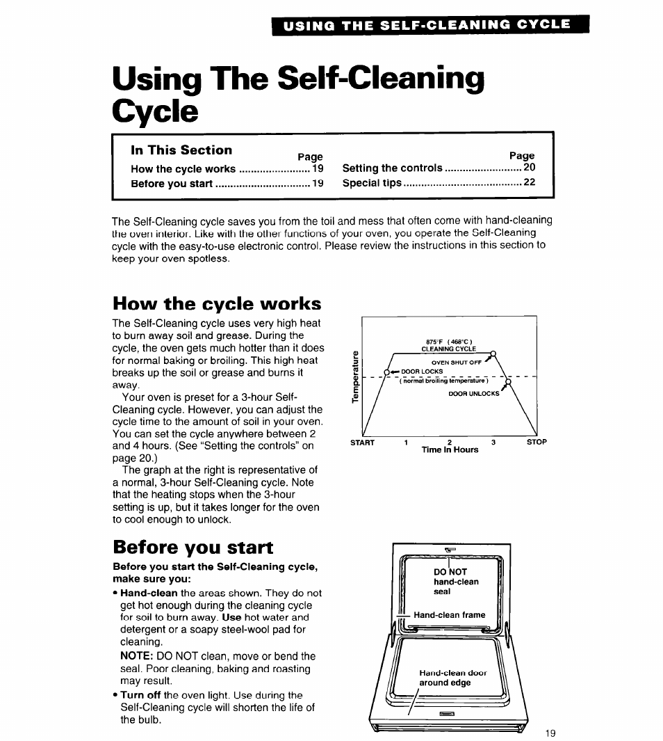 Using the self-cleaning cycle, How the cycle works, Before you start | Whirlpool RB262PXA User Manual | Page 19 / 28