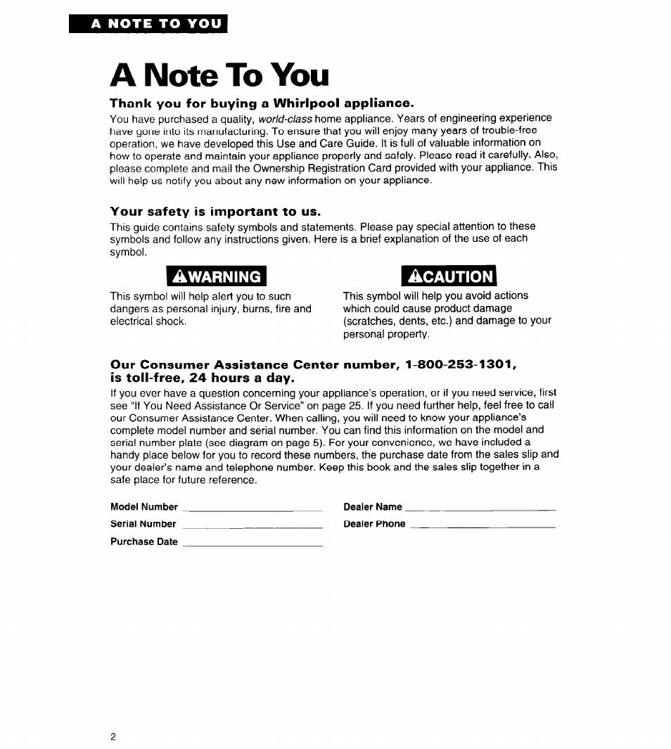 A note to you, Thank you for buying a whirlpool appliance, Your safety is important to us | Whirlpool RB262PXA User Manual | Page 2 / 28