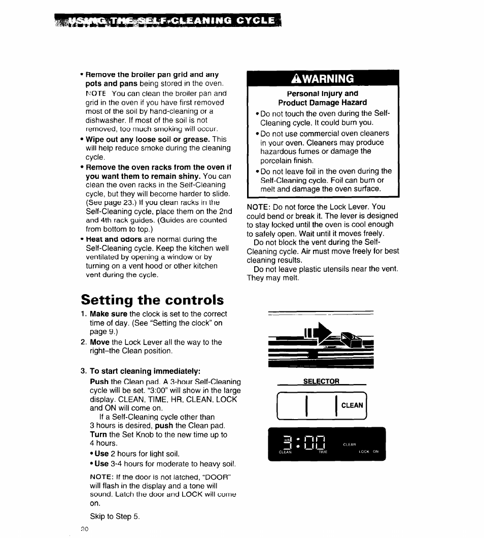 Setting the controls, To start cleaning immediately, Awarning | Whirlpool RB262PXA User Manual | Page 20 / 28