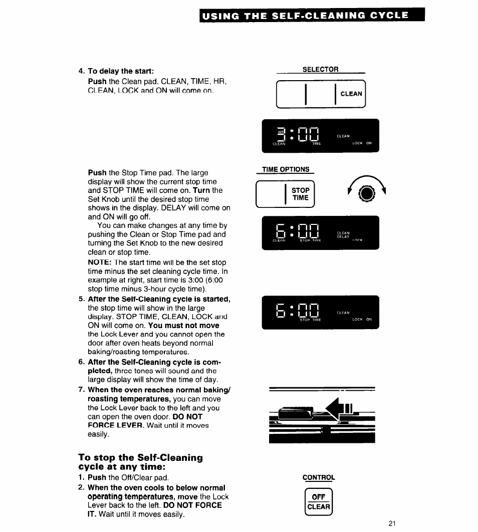 To delay the start, To stop the self-cleaning cycle at any time, U • u u | Z • nn, Using the self-cleaning cycle | Whirlpool RB262PXA User Manual | Page 21 / 28