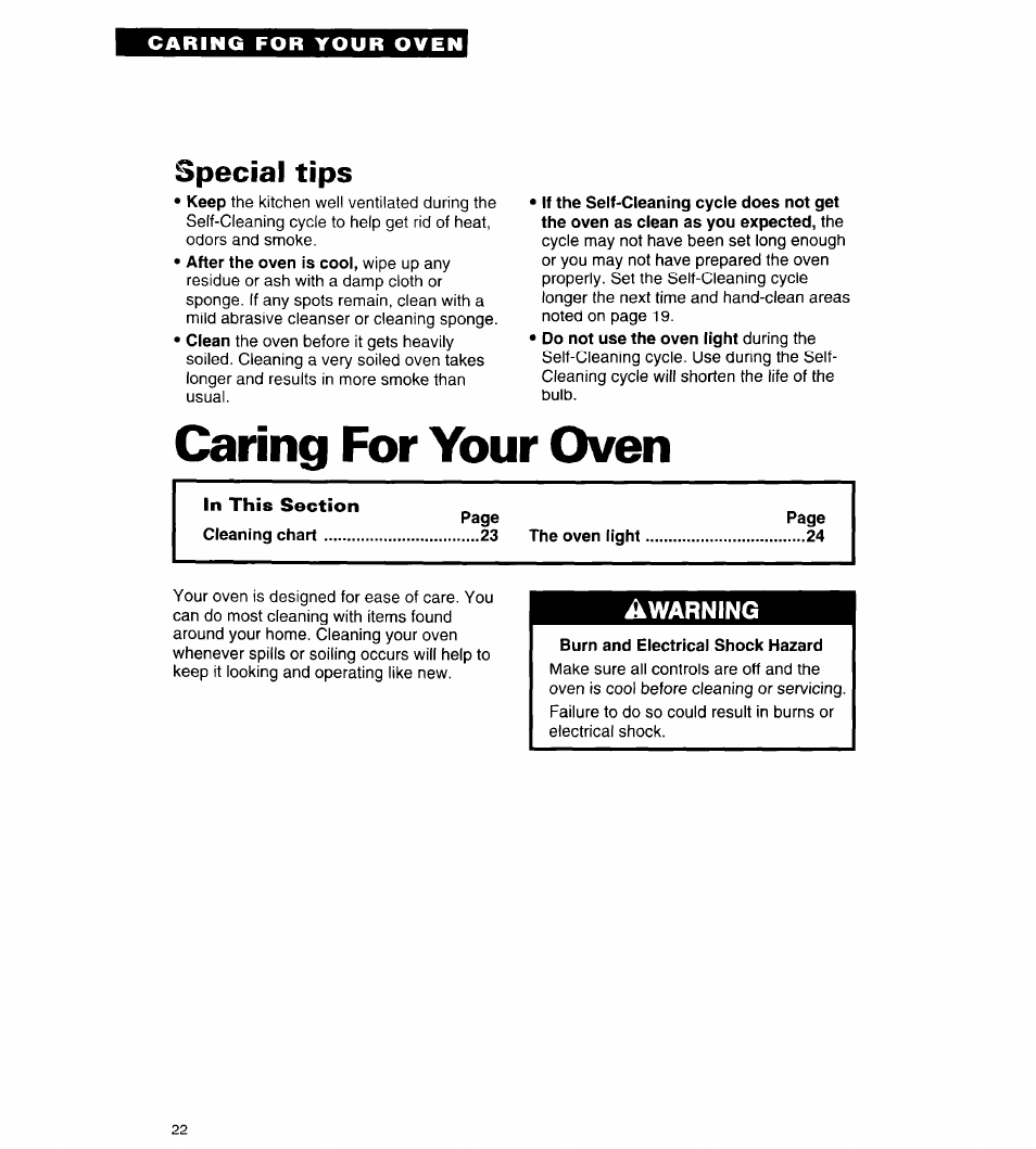 Special tips, Caring for your oven, Burn and electrical shock hazard | Warning | Whirlpool RB262PXA User Manual | Page 22 / 28