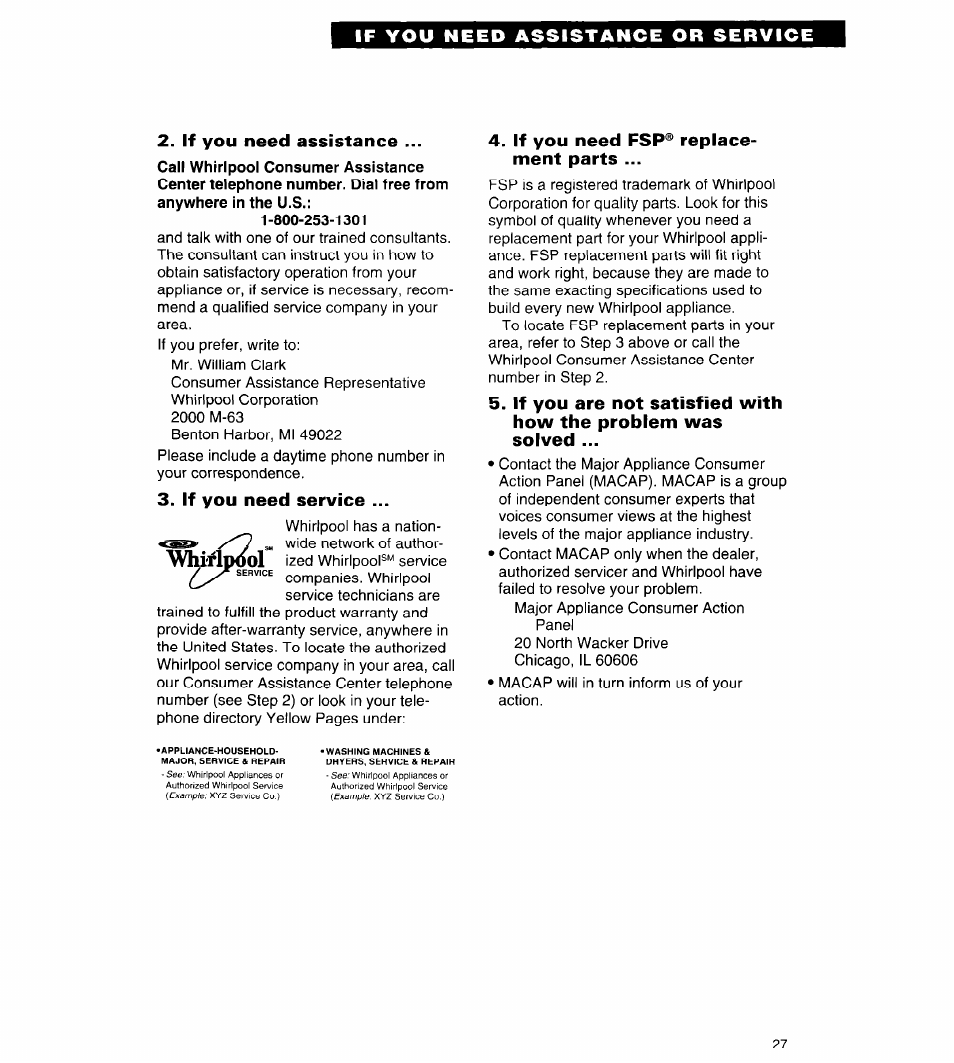 If you need assistance, If you need service, If you need fsp® replacement parts | Whiilpool, If you need fsp® replace­ ment parts | Whirlpool RB262PXA User Manual | Page 27 / 28