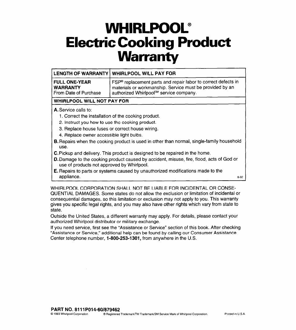 Whirlpool® electric cooking product, Warranty, Length of warranty | Whirlpool will pay for, Full one-year warranty, Whirlpool will not pay for, Part no. 8111p014-60/879462, Whirlpool® electric cooking product warranty | Whirlpool RB262PXA User Manual | Page 28 / 28