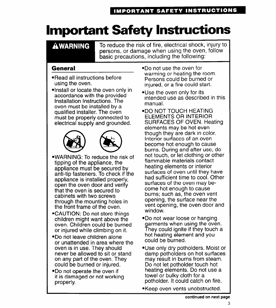 Important safety instructions, General | Whirlpool RB262PXA User Manual | Page 3 / 28