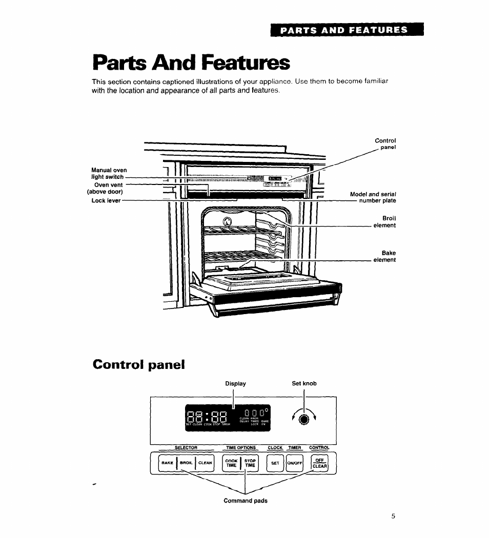 Parts and features, Control panel | Whirlpool RB262PXA User Manual | Page 5 / 28