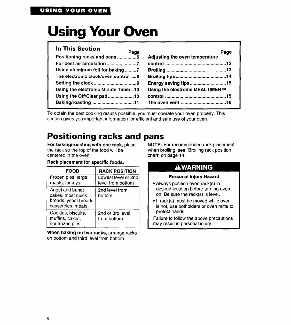 Using your oven, Positioning racks and pans, Warning | Whirlpool RB262PXA User Manual | Page 6 / 28